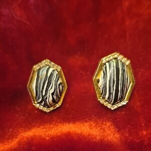 Gold-Tone Black & White Striped Stone Stud Earrings